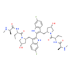 ChemSpider 2D Image | (2R,2'S)-N,N'-[(6,6'-Difluoro-1H,1'H-2,2'-biindole-3,3'-diyl)bis{methylene[(2R,4S)-4-hydroxy-2,1-pyrrolidinediyl][(2S)-1-oxo-1,2-butanediyl]}]bis[2-(methylamino)propanamide] (non-preferred name) | C42H56F2N8O6