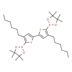 ChemSpider 2D Image | 2,2'-(4,4'-Dihexyl-2,2'-bithiene-5,5'-diyl)bis(4,4,5,5-tetramethyl-1,3,2-dioxaborolane) | C32H52B2O4S2