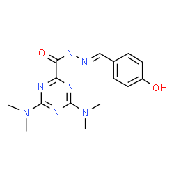 ChemSpider 2D Image | 4,6-Bis(dimethylamino)-N'-[(E)-(4-hydroxyphenyl)methylene]-1,3,5-triazine-2-carbohydrazide | C15H19N7O2