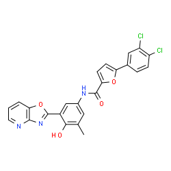 ChemSpider 2D Image | 5-(3,4-Dichlorophenyl)-N-[4-hydroxy-3-methyl-5-([1,3]oxazolo[4,5-b]pyridin-2-yl)phenyl]-2-furamide | C24H15Cl2N3O4