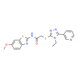 ChemSpider 2D Image | 2-{[4-Ethyl-5-(3-pyridinyl)-4H-1,2,4-triazol-3-yl]sulfanyl}-N-(6-methoxy-1,3-benzothiazol-2-yl)acetamide | C19H18N6O2S2