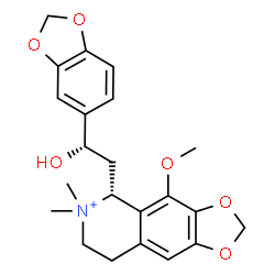ChemSpider 2D Image | (5R)-5-[(2S)-2-(1,3-Benzodioxol-5-yl)-2-hydroxyethyl]-4-methoxy-6,6-dimethyl-5,6,7,8-tetrahydro[1,3]dioxolo[4,5-g]isoquinolin-6-ium | C22H26NO6