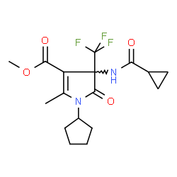 ChemSpider 2D Image | Methyl 1-cyclopentyl-4-[(cyclopropylcarbonyl)amino]-2-methyl-5-oxo-4-(trifluoromethyl)-4,5-dihydro-1H-pyrrole-3-carboxylate | C17H21F3N2O4