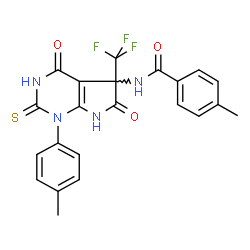 ChemSpider 2D Image | 4-Methyl-N-[1-(4-methylphenyl)-4,6-dioxo-2-thioxo-5-(trifluoromethyl)-2,3,4,5,6,7-hexahydro-1H-pyrrolo[2,3-d]pyrimidin-5-yl]benzamide | C22H17F3N4O3S