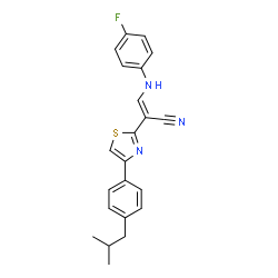 ChemSpider 2D Image | (2E)-3-[(4-Fluorophenyl)amino]-2-[4-(4-isobutylphenyl)-1,3-thiazol-2-yl]acrylonitrile | C22H20FN3S