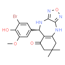 ChemSpider 2D Image | 9-(3-Bromo-4-hydroxy-5-methoxyphenyl)-6,6-dimethyl-5,6,7,9-tetrahydro-1H-[1,2,5]oxadiazolo[3,4-b][1,4]benzodiazepin-8(3H)-one | C18H19BrN4O4