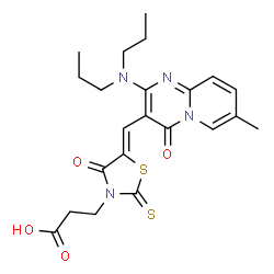 ChemSpider 2D Image | 3-[(5Z)-5-{[2-(Dipropylamino)-7-methyl-4-oxo-4H-pyrido[1,2-a]pyrimidin-3-yl]methylene}-4-oxo-2-thioxo-1,3-thiazolidin-3-yl]propanoic acid | C22H26N4O4S2