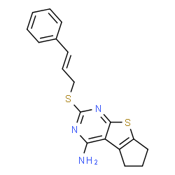 ChemSpider 2D Image | 2-{[(2E)-3-Phenyl-2-propen-1-yl]sulfanyl}-6,7-dihydro-5H-cyclopenta[4,5]thieno[2,3-d]pyrimidin-4-amine | C18H17N3S2