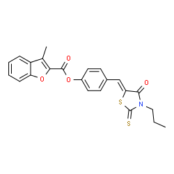 ChemSpider 2D Image | 4-[(Z)-(4-Oxo-3-propyl-2-thioxo-1,3-thiazolidin-5-ylidene)methyl]phenyl 3-methyl-1-benzofuran-2-carboxylate | C23H19NO4S2