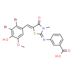 ChemSpider 2D Image | 3-{(E)-[(5Z)-5-(2,3-Dibromo-4-hydroxy-5-methoxybenzylidene)-3-methyl-4-oxo-1,3-thiazolidin-2-ylidene]amino}benzoic acid | C19H14Br2N2O5S