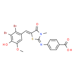 ChemSpider 2D Image | 4-{(E)-[(5Z)-5-(2,3-Dibromo-4-hydroxy-5-methoxybenzylidene)-3-methyl-4-oxo-1,3-thiazolidin-2-ylidene]amino}benzoic acid | C19H14Br2N2O5S