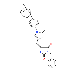 ChemSpider 2D Image | (5E)-5-({1-[4-(Adamantan-1-yl)phenyl]-2,5-dimethyl-1H-pyrrol-3-yl}methylene)-3-(4-methylbenzyl)-2,4-imidazolidinedione | C34H37N3O2