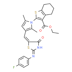 ChemSpider 2D Image | Ethyl 2-{3-[(E)-{2-[(4-fluorophenyl)amino]-4-oxo-1,3-thiazol-5(4H)-ylidene}methyl]-2,5-dimethyl-1H-pyrrol-1-yl}-4,5,6,7-tetrahydro-1-benzothiophene-3-carboxylate | C27H26FN3O3S2