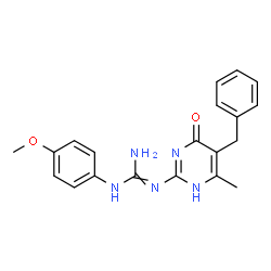 ChemSpider 2D Image | 2-(5-Benzyl-6-methyl-4-oxo-1,4-dihydro-2-pyrimidinyl)-1-(4-methoxyphenyl)guanidine | C20H21N5O2