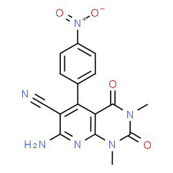 ChemSpider 2D Image | 7-Amino-1,3-dimethyl-5-(4-nitrophenyl)-2,4-dioxo-1,2,3,4-tetrahydropyrido[2,3-d]pyrimidine-6-carbonitrile | C16H12N6O4