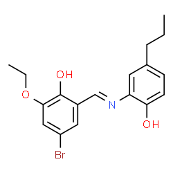 ChemSpider 2D Image | 4-Bromo-2-ethoxy-6-{(E)-[(2-hydroxy-5-propylphenyl)imino]methyl}phenol | C18H20BrNO3