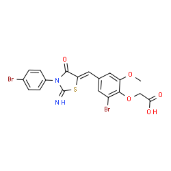 ChemSpider 2D Image | (2-Bromo-4-{(Z)-[3-(4-bromophenyl)-2-imino-4-oxo-1,3-thiazolidin-5-ylidene]methyl}-6-methoxyphenoxy)acetic acid | C19H14Br2N2O5S