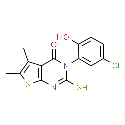 ChemSpider 2D Image | thieno[2,3-d]pyrimidin-4(3H)-one, 3-(5-chloro-2-hydroxyphenyl)-2-mercapto-5,6-dimethyl- | C14H11ClN2O2S2