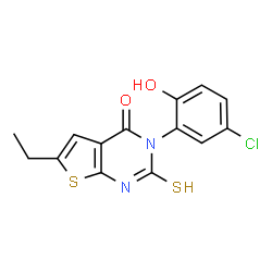 ChemSpider 2D Image | thieno[2,3-d]pyrimidin-4(3H)-one, 3-(5-chloro-2-hydroxyphenyl)-6-ethyl-2-mercapto- | C14H11ClN2O2S2