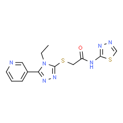ChemSpider 2D Image | 2-{[4-Ethyl-5-(3-pyridinyl)-4H-1,2,4-triazol-3-yl]sulfanyl}-N-(1,3,4-thiadiazol-2-yl)acetamide | C13H13N7OS2