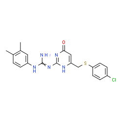 ChemSpider 2D Image | 2-(6-{[(4-Chlorophenyl)sulfanyl]methyl}-4-oxo-1,4-dihydro-2-pyrimidinyl)-1-(3,4-dimethylphenyl)guanidine | C20H20ClN5OS