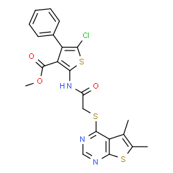 ChemSpider 2D Image | Methyl 5-chloro-2-({[(5,6-dimethylthieno[2,3-d]pyrimidin-4-yl)sulfanyl]acetyl}amino)-4-phenyl-3-thiophenecarboxylate | C22H18ClN3O3S3