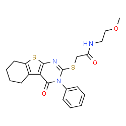 ChemSpider 2D Image | N-(2-Methoxyethyl)-2-[(4-oxo-3-phenyl-3,4,5,6,7,8-hexahydro[1]benzothieno[2,3-d]pyrimidin-2-yl)sulfanyl]acetamide | C21H23N3O3S2