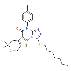 ChemSpider 2D Image | 1-(Heptylsulfanyl)-7,7-dimethyl-4-(4-methylphenyl)-6,9-dihydro-7H-pyrano[4',3':4,5]thieno[3,2-e][1,2,4]triazolo[4,3-a]pyrimidin-5(4H)-one | C26H32N4O2S2