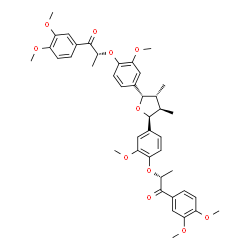 ChemSpider 2D Image | (2R,2'R)-2,2'-{[(2S,3R,4R,5S)-3,4-Dimethyltetrahydrofuran-2,5-diyl]bis[(2-methoxy-4,1-phenylene)oxy]}bis[1-(3,4-dimethoxyphenyl)-1-propanone] | C42H48O11