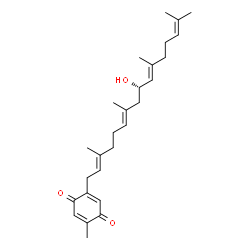 ChemSpider 2D Image | 2-[(2E,6E,9S,10E)-9-Hydroxy-3,7,11,15-tetramethyl-2,6,10,14-hexadecatetraen-1-yl]-5-methyl-1,4-benzoquinone | C27H38O3