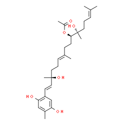 ChemSpider 2D Image | (6S,7R,10E,14S,15E)-16-(2,5-Dihydroxy-4-methylphenyl)-6,14-dihydroxy-2,6,10,14-tetramethyl-2,10,15-hexadecatrien-7-yl acetate | C29H44O6