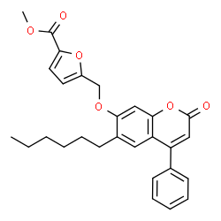 ChemSpider 2D Image | Methyl 5-{[(6-hexyl-2-oxo-4-phenyl-2H-chromen-7-yl)oxy]methyl}-2-furoate | C28H28O6