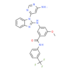 ChemSpider 2D Image | 3-{[1-(6-Amino-4-pyrimidinyl)-1H-benzimidazol-2-yl]amino}-5-methoxy-N-[3-(trifluoromethyl)phenyl]benzamide | C26H20F3N7O2