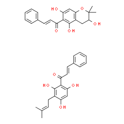 ChemSpider 2D Image | (2E)-3-Phenyl-1-[2,4,6-trihydroxy-3-(3-methyl-2-buten-1-yl)phenyl]-2-propen-1-one - (2E)-3-phenyl-1-(3,5,7-trihydroxy-2,2-dimethyl-3,4-dihydro-2H-chromen-6-yl)-2-propen-1-one (1:1) | C40H40O9