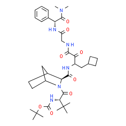 ChemSpider 2D Image | 2-Methyl-2-propanyl {(2S)-1-[(3S)-3-({1-cyclobutyl-4-[(2-{[(1R)-2-(dimethylamino)-2-oxo-1-phenylethyl]amino}-2-oxoethyl)amino]-3,4-dioxo-2-butanyl}carbamoyl)-2-azabicyclo[2.2.1]hept-2-yl]-3,3-dimethyl
-1-oxo-2-butanyl}carbamate | C38H56N6O8