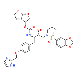 ChemSpider 2D Image | (3R,3aS,6aR)-Hexahydrofuro[2,3-b]furan-3-yl {(2S,3R)-4-[(1,3-benzodioxol-5-ylsulfonyl)(isobutyl)amino]-3-hydroxy-1-[4-(1H-imidazol-2-ylmethoxy)phenyl]-2-butanyl}carbamate | C32H40N4O10S