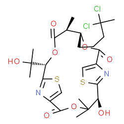 ChemSpider 2D Image | (5R,12R,13R,16S)-12-(4,4-Dichloropentyl)-5-hydroxy-16-(2-hydroxy-2-propanyl)-4,4,13-trimethyl-3,11,15-trioxa-7,18-dithia-20,21-diazatricyclo[15.2.1.1~6,9~]henicosa-1(19),6(21),8,17(20)-tetraene-2,10,1
4-trione | C25H32Cl2N2O8S2
