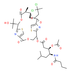 ChemSpider 2D Image | (5S,12R,13R,16S)-12-(4,4-Dichloropentyl)-16-(2-hydroxy-2-propanyl)-13-methyl-2,10,14-trioxo-3,11,15-trioxa-7,18-dithia-20,21-diazatricyclo[15.2.1.1~6,9~]henicosa-1(19),6(21),8,17(20)-tetraen-5-yl (3R,
4S)-3-acetoxy-4-(butyrylamino)-6-methylheptanoate | C37H51Cl2N3O12S2
