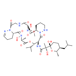 ChemSpider 2D Image | (2R)-N-[(4aR,7R,16aS,19S,22S,23S)-6,18-Dihydroxy-22-isopropyl-7-(methoxymethyl)-19-methyl-5,8,11,17,20,24-hexaoxo-1,2,3,4,4a,5,6,7,8,9,10,11,16,16a,17,18,19,20,23,24-icosahydro-15H,22H-dipyridazino[6,
1-f:6',1'-o][1,4,7,10,13,16]oxapentaazacyclononadecin-23-yl]-2-hydroxy-2-[(2S,5S,6S)-2-hydroxy-5-isobutyl-6-methyltetrahydro-2H-pyran-2-yl]propanamide | C38H62N8O14