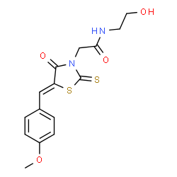ChemSpider 2D Image | N-(2-Hydroxyethyl)-2-[(5Z)-5-(4-methoxybenzylidene)-4-oxo-2-thioxo-1,3-thiazolidin-3-yl]acetamide | C15H16N2O4S2