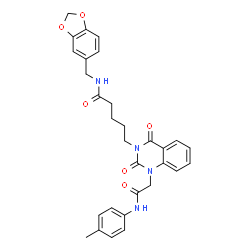ChemSpider 2D Image | N-(1,3-Benzodioxol-5-ylmethyl)-5-[1-{2-[(4-methylphenyl)amino]-2-oxoethyl}-2,4-dioxo-1,4-dihydro-3(2H)-quinazolinyl]pentanamide | C30H30N4O6