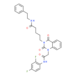 ChemSpider 2D Image | 5-[1-{2-[(2,4-Difluorophenyl)amino]-2-oxoethyl}-2,4-dioxo-1,4-dihydro-3(2H)-quinazolinyl]-N-(2-phenylethyl)pentanamide | C29H28F2N4O4