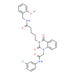 ChemSpider 2D Image | 5-[1-{2-[(3-Chlorophenyl)amino]-2-oxoethyl}-2,4-dioxo-1,4-dihydro-3(2H)-quinazolinyl]-N-(2-methoxybenzyl)pentanamide | C29H29ClN4O5