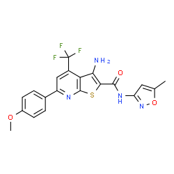 ChemSpider 2D Image | 3-Amino-6-(4-methoxyphenyl)-N-(5-methyl-1,2-oxazol-3-yl)-4-(trifluoromethyl)thieno[2,3-b]pyridine-2-carboxamide | C20H15F3N4O3S
