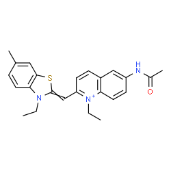 ChemSpider 2D Image | 6-Acetamido-1-ethyl-2-[(3-ethyl-6-methyl-1,3-benzothiazol-2(3H)-ylidene)methyl]quinolinium | C24H26N3OS