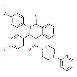 ChemSpider 2D Image | 2,3-Bis(4-methoxyphenyl)-4-{[4-(2-pyridinyl)-1-piperazinyl]carbonyl}-3,4-dihydro-1(2H)-isoquinolinone | C33H32N4O4