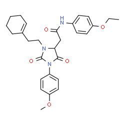 ChemSpider 2D Image | 2-{3-[2-(1-Cyclohexen-1-yl)ethyl]-1-(4-methoxyphenyl)-2,5-dioxo-4-imidazolidinyl}-N-(4-ethoxyphenyl)acetamide | C28H33N3O5