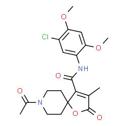 ChemSpider 2D Image | 8-Acetyl-N-(5-chloro-2,4-dimethoxyphenyl)-3-methyl-2-oxo-1-oxa-8-azaspiro[4.5]dec-3-ene-4-carboxamide | C20H23ClN2O6