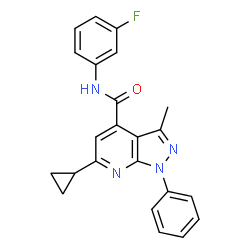 ChemSpider 2D Image | 6-Cyclopropyl-N-(3-fluorophenyl)-3-methyl-1-phenyl-1H-pyrazolo[3,4-b]pyridine-4-carboxamide | C23H19FN4O