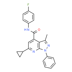 ChemSpider 2D Image | 6-Cyclopropyl-N-(4-fluorophenyl)-3-methyl-1-phenyl-1H-pyrazolo[3,4-b]pyridine-4-carboxamide | C23H19FN4O